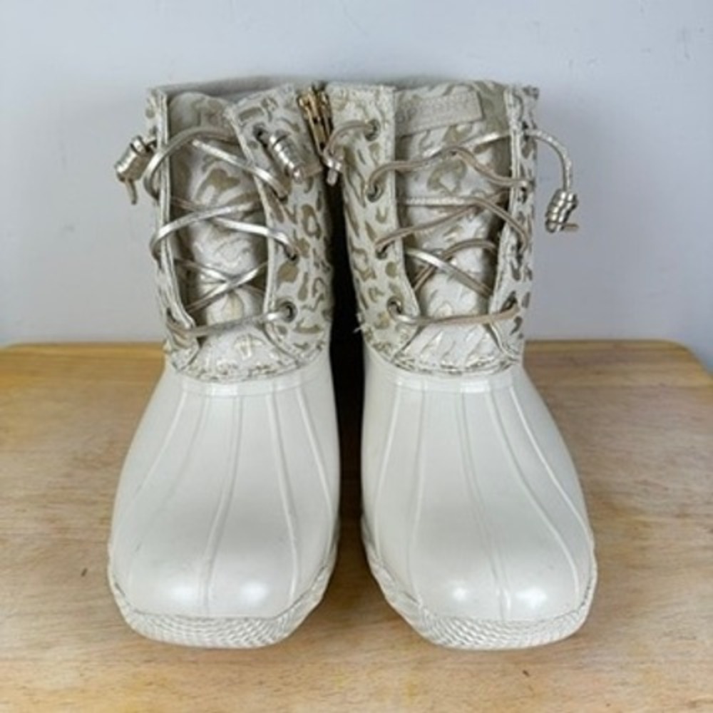 Sperry Saltwater Ivory Leopard Duck Boots STS88315 Women 10 Metallic - Picture 2 of 10